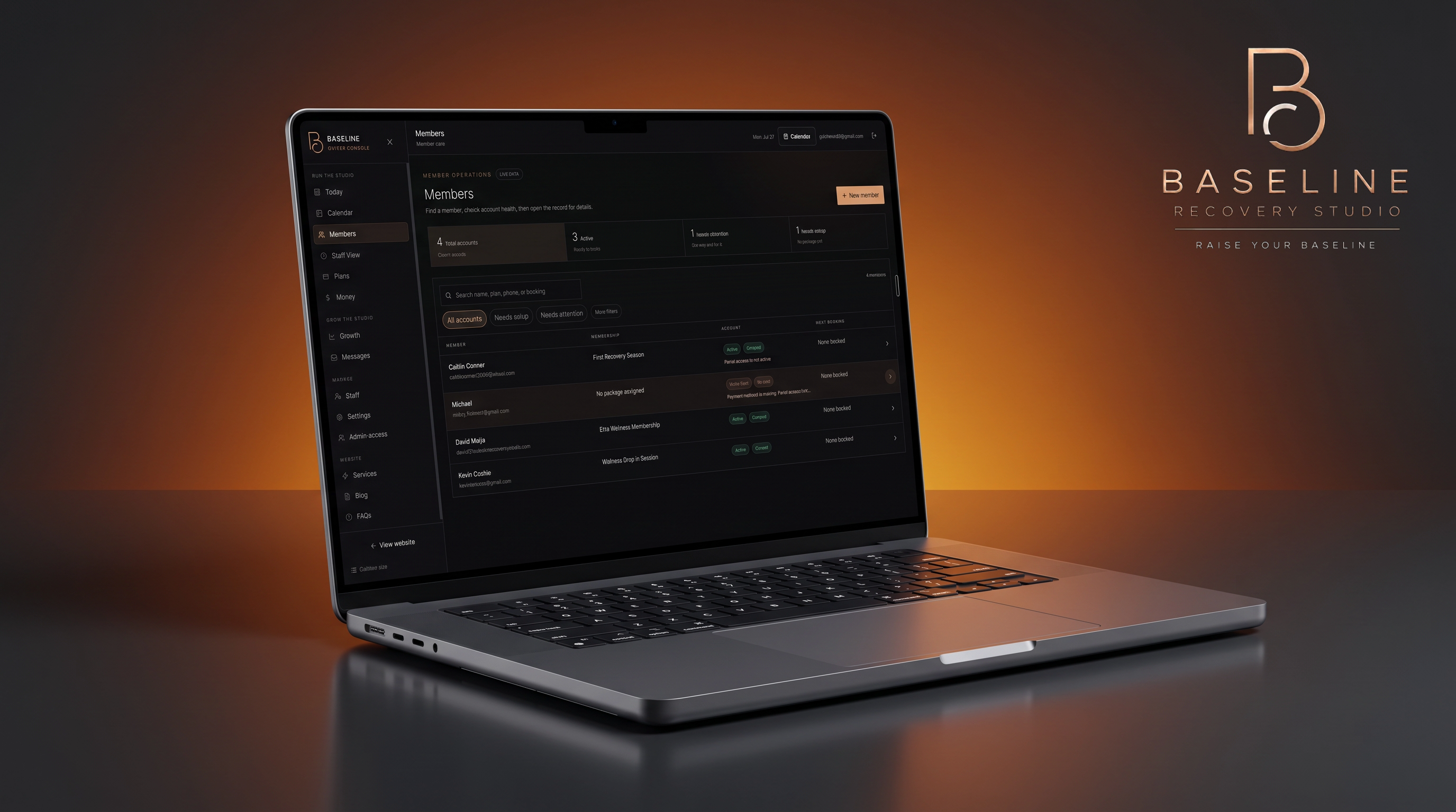 Baseline members screen listing accounts, memberships, and next bookings
