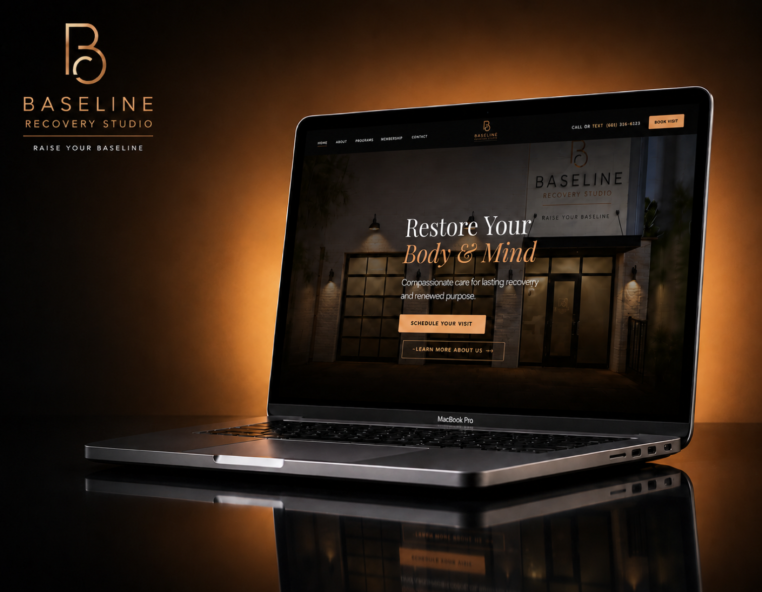 Baseline Recovery Studio website homepage on a laptop