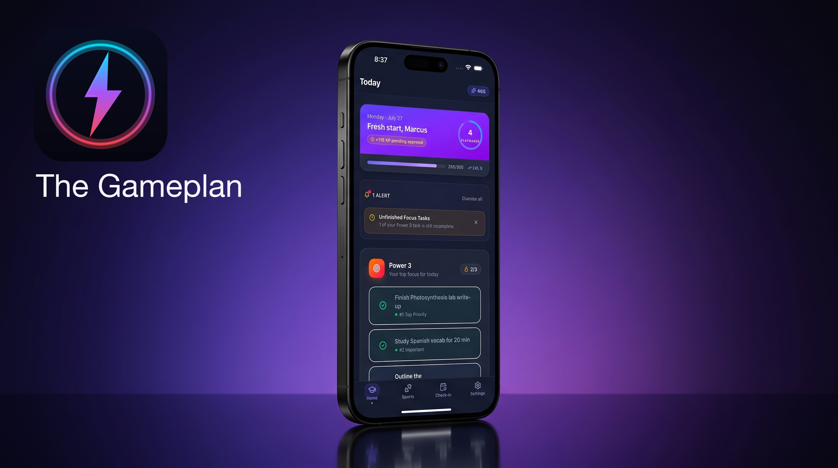 The Gameplan home screen showing today's tasks, grades, and activity streak
