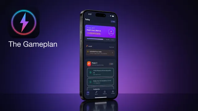 Pantalla de inicio de The Gameplan con las tareas del día, las calificaciones y la racha de actividad