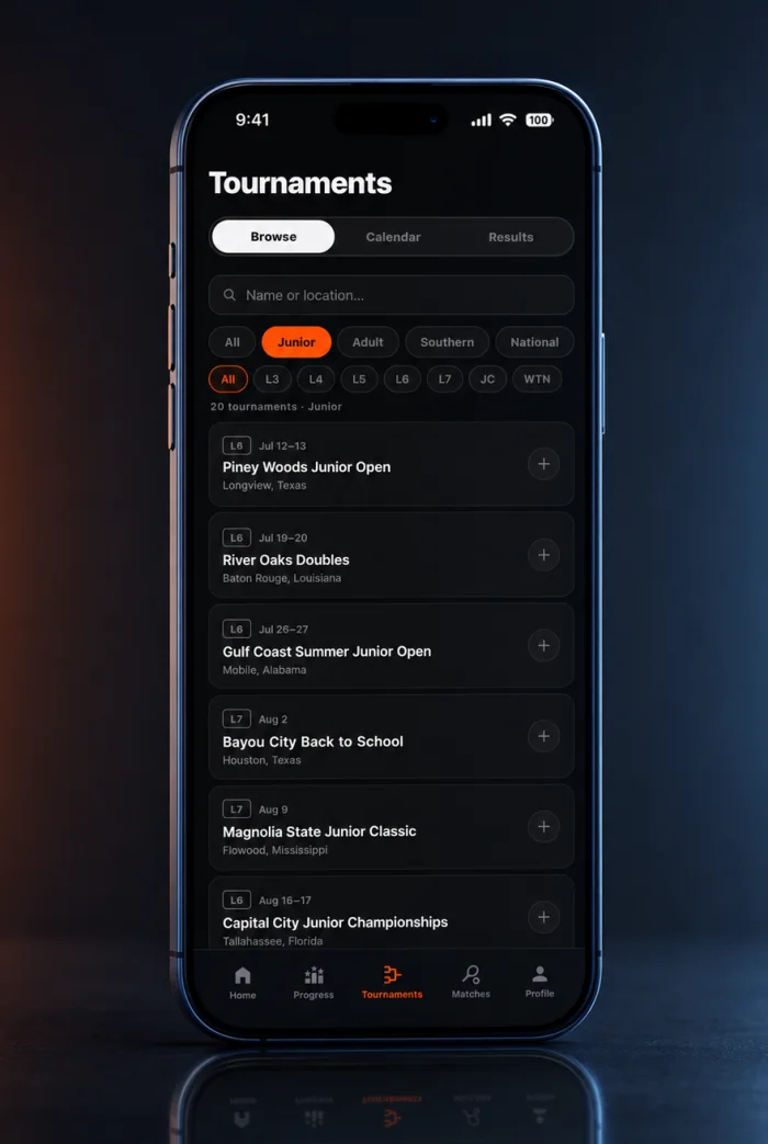 Tournaments browser filtered to junior events, listing twenty sanctioned tournaments across Texas, Louisiana, Alabama, Mississippi, and Florida