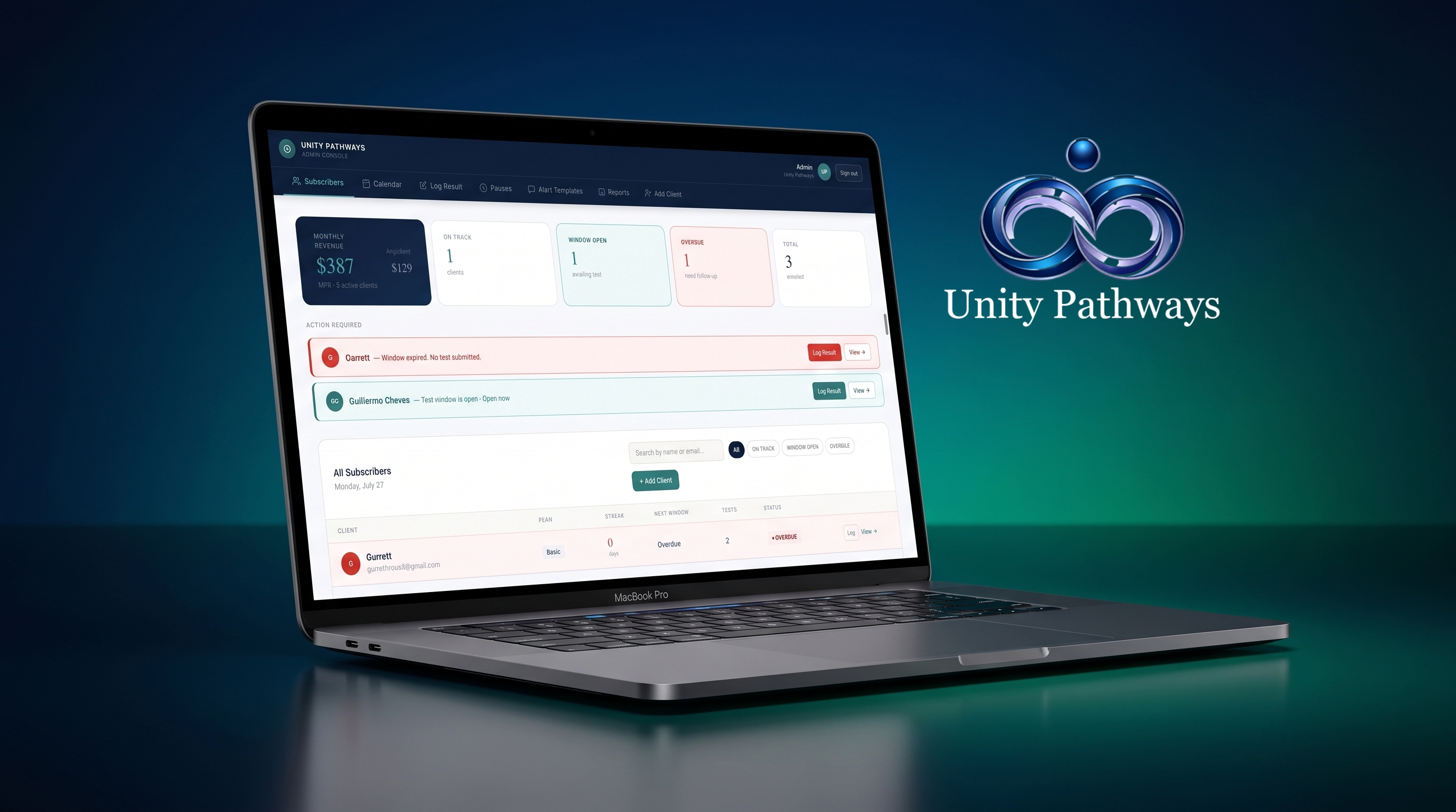 Unity Pathways admin console showing client activity, testing windows, and follow-up status