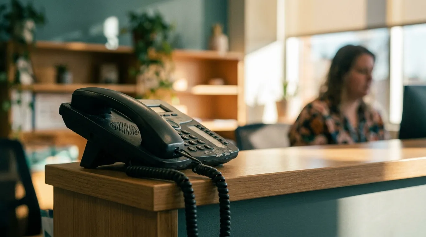A desk phone in the foreground of a small-business reception area