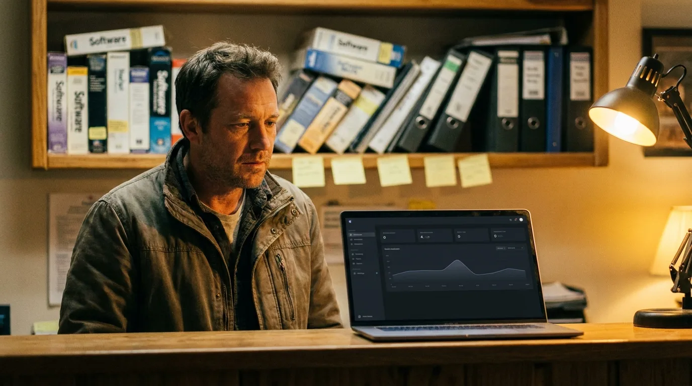 Business owner at his front counter weighing a shelf of boxed software and binders against one clean system on his laptop