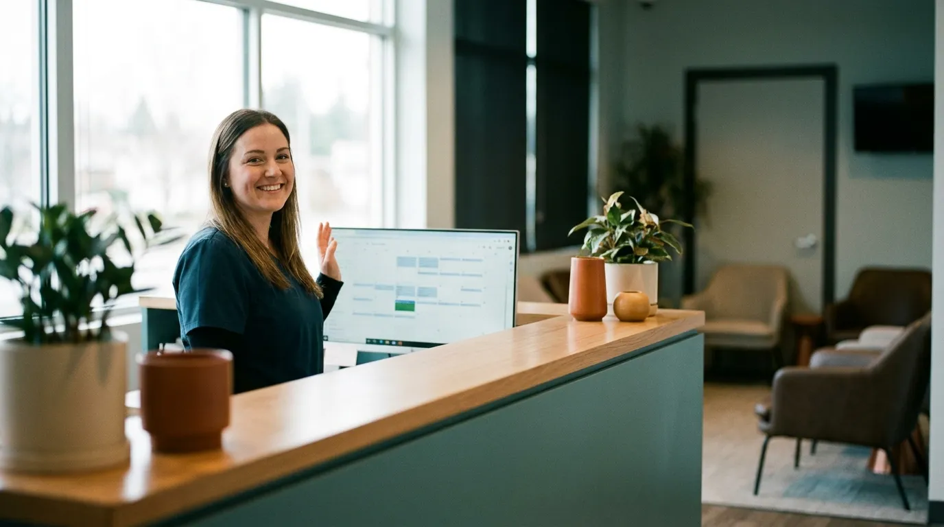 A dental practice receptionist at a modern front desk with a calendar on screen