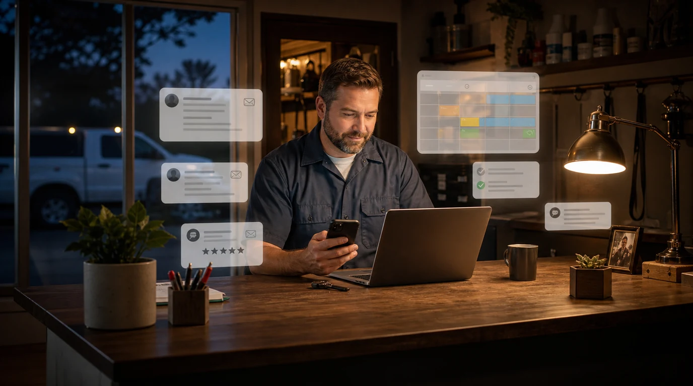 Small-business owner reviewing automated bookings and messages
