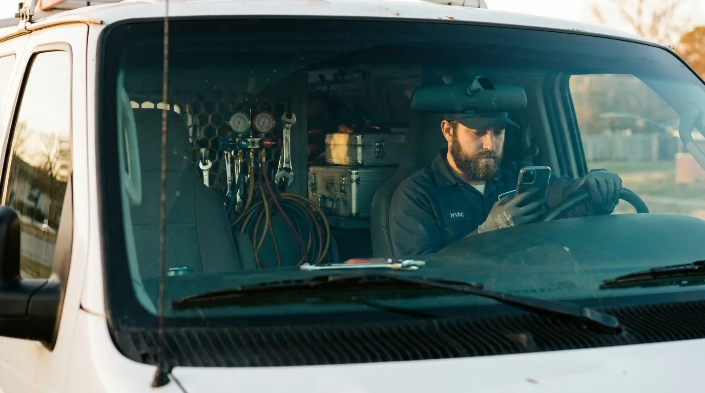 An HVAC technician checking a missed call on his phone in a service van