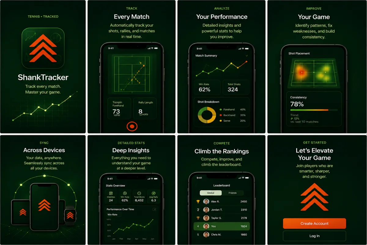 Pantallas de Shank Tracker para registrar partidos de tenis y revisar progreso