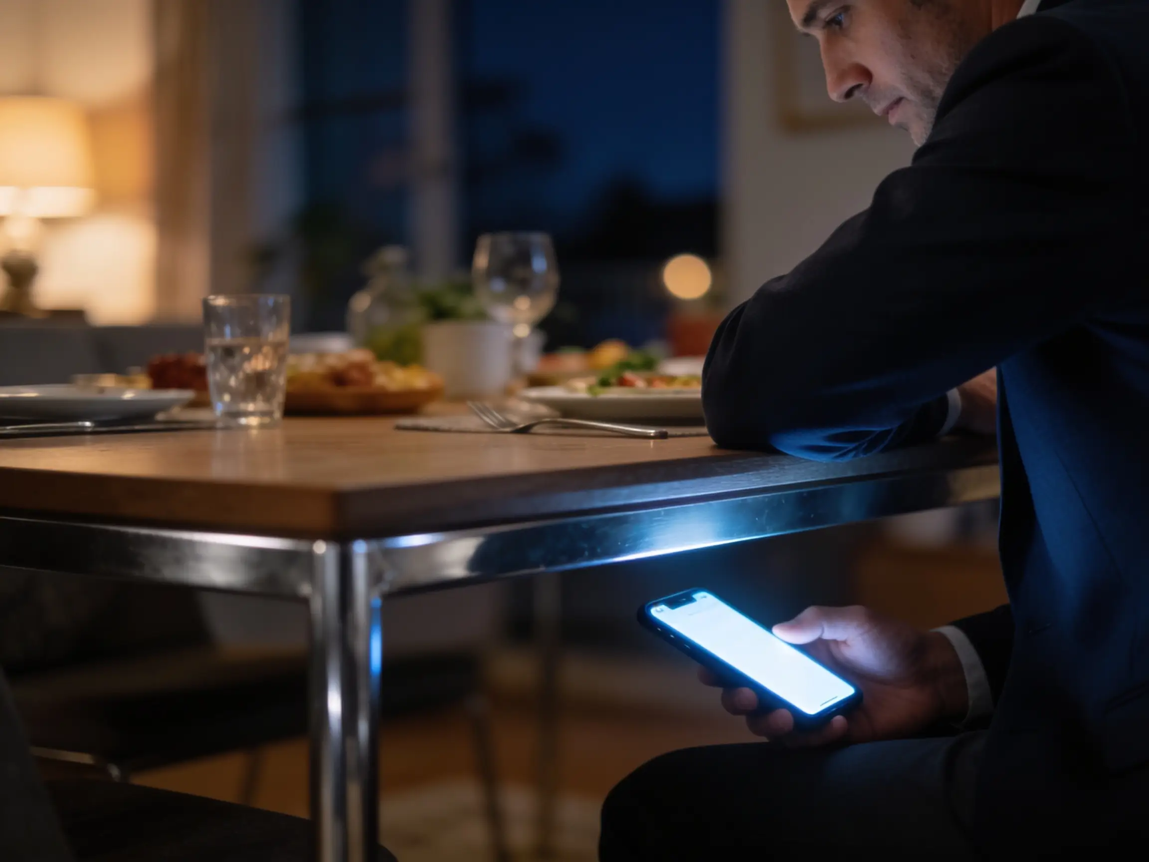 Business owner checking a glowing phone under the edge of the family dinner table