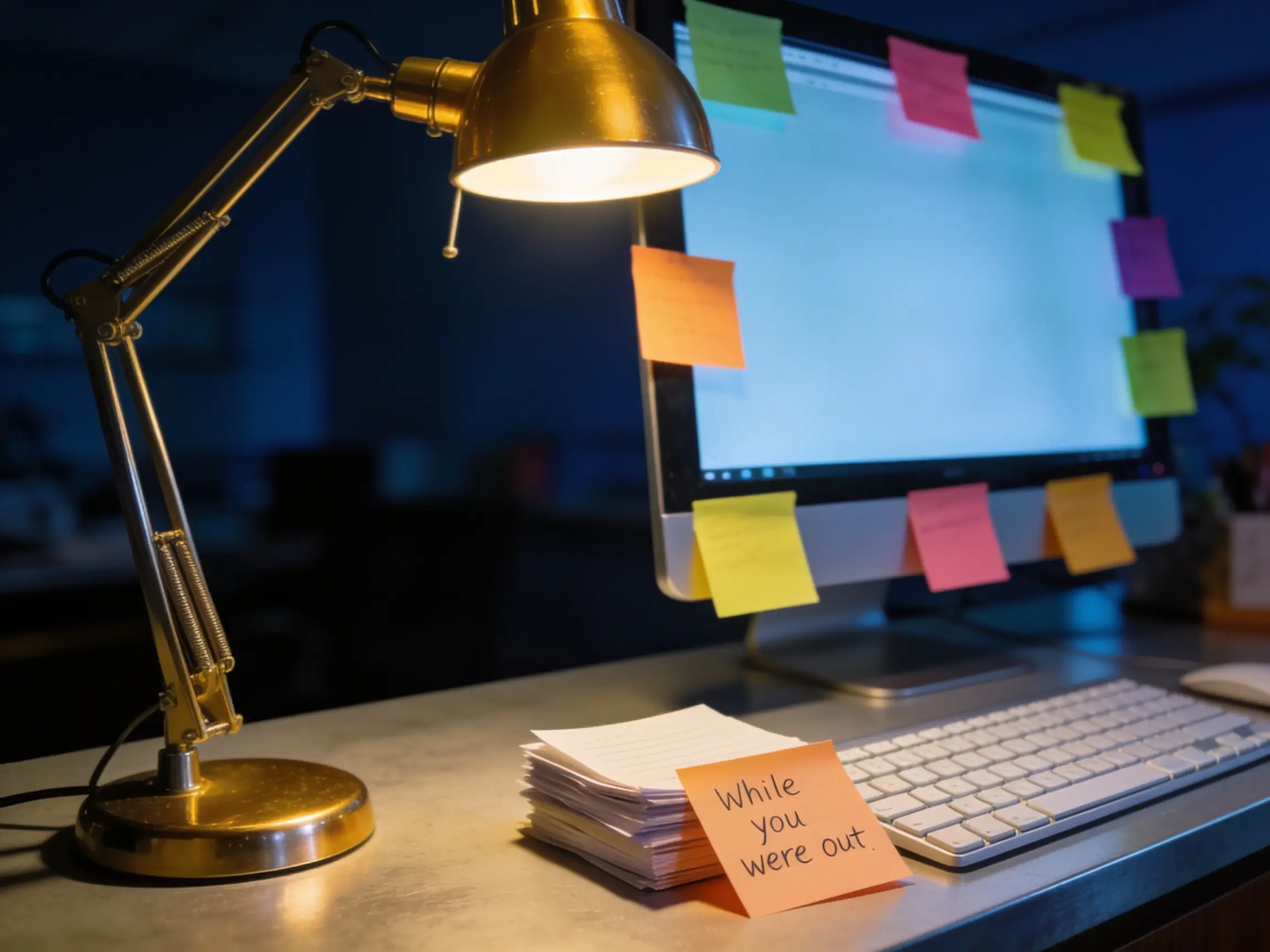 Front desk after hours with sticky notes around the monitor and a stack of unanswered message slips